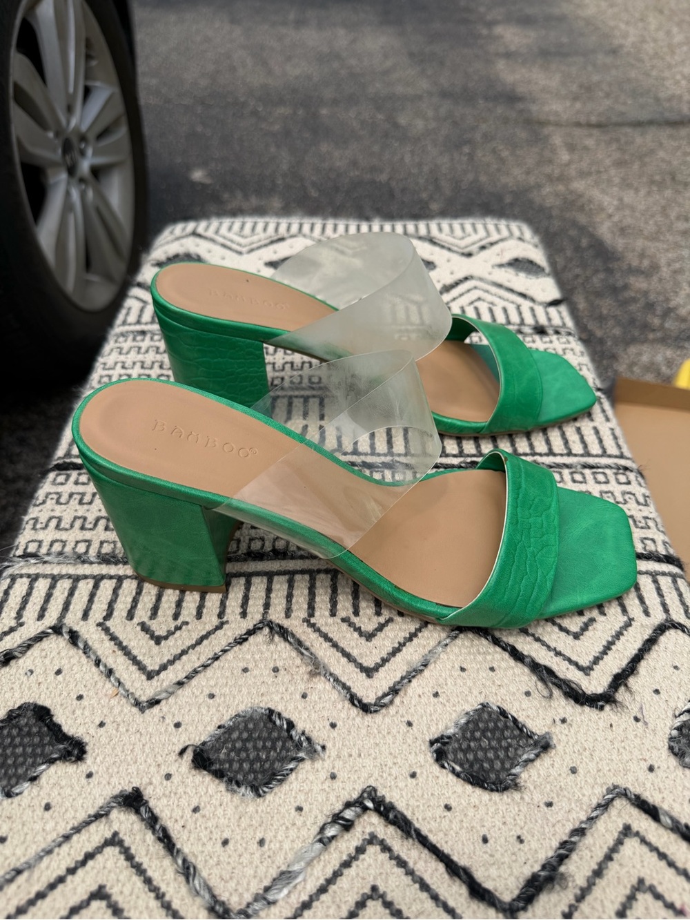 Green Block Heel Slide Sandals with Clear Strap